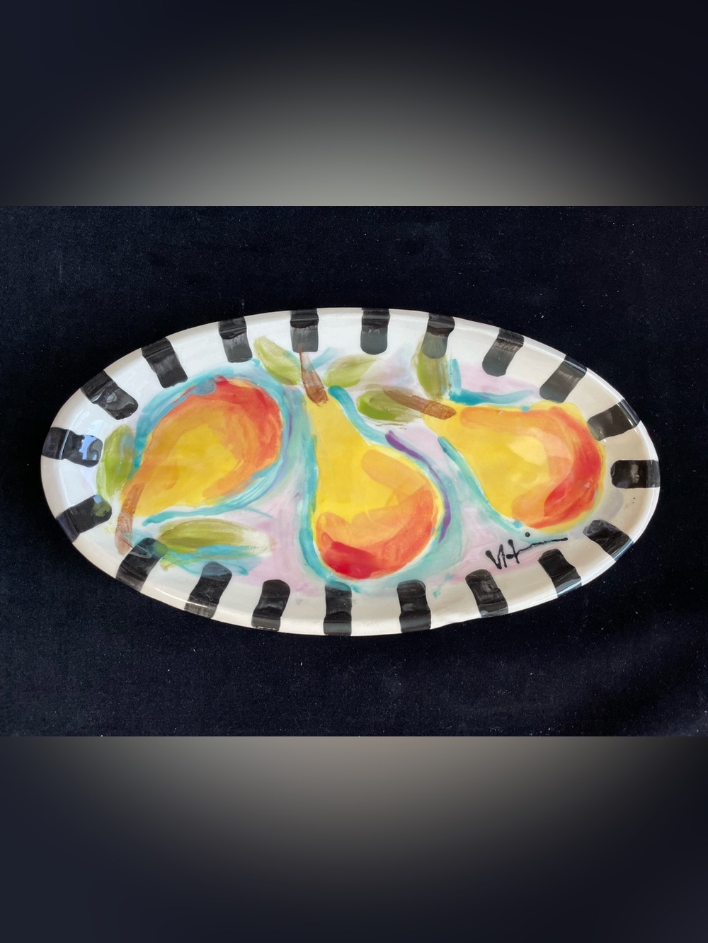 Handmade Ceramic Serving Tray Yellow Pears On Pink Original Design 11”x6”
